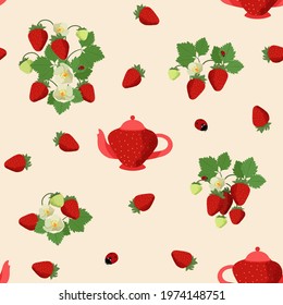 Vector red strawberry seamless pattern. Background design for tea, ice cream, natural cosmetics, candy and bakery, health care products.