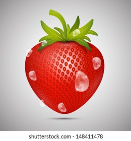 Vector Red Strawberry with Water drops on Grey Background