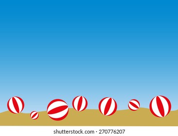 Vector red striped balloons on the sand at the beach under the pure blue sky with place to put your text