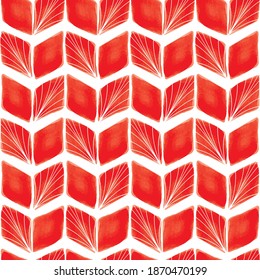 Vector red striped leaves white seamless pattern