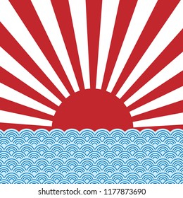 vector of red sun ray of japan rising sun with blue wave