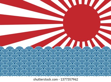 vector of red sun ray of japan rising sun with blue wave  with blank copy space in the red sun