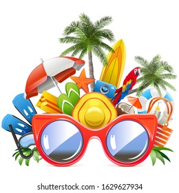 Vector Red Sunglasses with Beach Concept isolated on white background