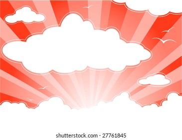 Vector - Red sunny sky with clouds and sunbeams