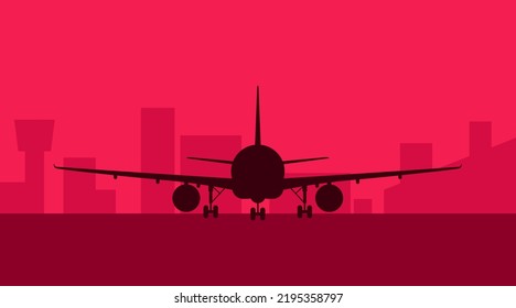 Vector red sunset airport illustration. Plane in town flat silhouette shape. Aircraft landing at city runway. Night business jet banner