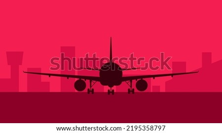 Vector red sunset airport illustration. Plane in town flat silhouette shape. Aircraft landing at city runway. Night business jet banner