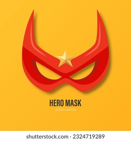 Vector Red Super Hero Mask on Yellow Background. Face Character, Superhero Comic Book Mask Design Template. Superhero Carnival Glasses, Front View