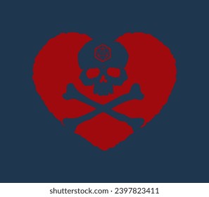 Vector red symbol heart and skull board game. Blue background.
