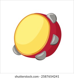 Vector red tambourine on a white background. Musical instrument for music school, carnival, holiday, street parade. Isolated.