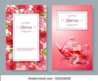 Vector red tea banners with transparent teapot and hibiscus flowers. Design for red and herbal tea, drink menu and health care products. With place for text.