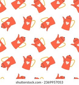 El té rojo vectorial emite un patrón sin fisuras. Hermoso hervidor de agua con el corazón sobre fondo blanco. Té impreso.