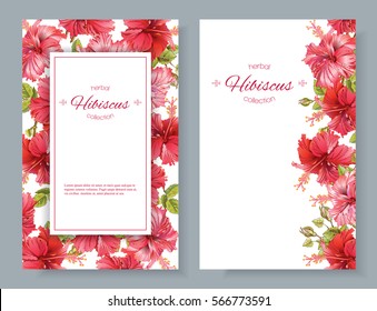 Vector red tea vertical banners with hibiscus flowers on white background. Botanic frame. Design for packaging, tea shop. Can be used as greeting card and wedding invitation. With place for text