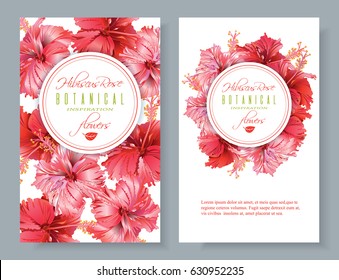 Vector red tea vertical banners with hibiscus flowers on white background. Botanic frame and logo. Design for packaging, tea shop. Can be used as greeting card, wedding invitation. With place for text