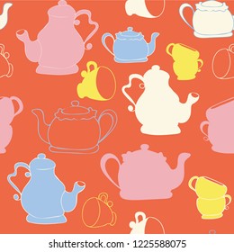 Vector Red Teapots and Teacups Seamless Pattern Background. Perfect for fabric, scrapbooking, wallpaper projects.