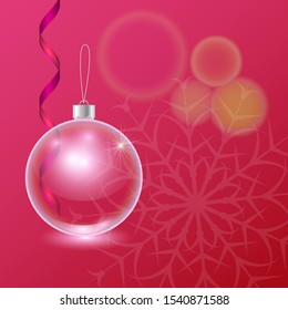 Vector red template for christmas card with transparent pink glass tree ball and the serpentine from a tape. Dark background with snowflake and bokeh. 3D illustration. 