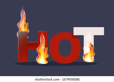 Vector red  text inscription HOT  with flames fire on the dark blue background.Vector stock.