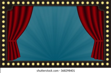 Vector Red Theater Curtains, Circus Lights, Horizontal Blue Background and Light Beams