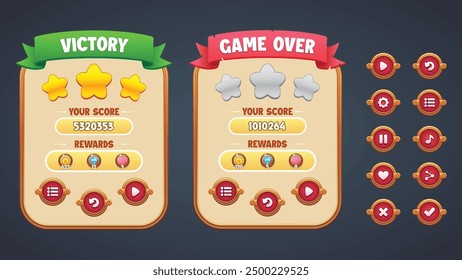 Vector red theme deluxe game UI kit. Set of victory and gameover menu scene pop up, icons, and round buttons.