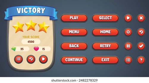 Vector red theme premium game UI kit. Set of victory menu scene pop up, icons, and buttons with editable text effect. Game UI kit in cartoon style.