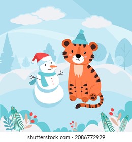 Vector red tiger cub in hat and snowman in a scarf. Cute tiger, symbol of year against the background of winter forest landscape. Bright banner for children's matinee. Animal is drawn in flat style