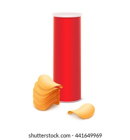 Vector Red Tin Box Container Tube for Package Design with Stack of Potato Crispy Chips Close up Isolated on White Background