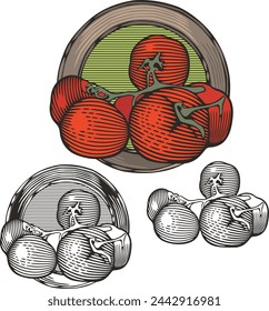 Vector red tomato illustration set in woodcut style, in color and ready-to-cut black and white.