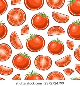 Vector Red Tomato seamless pattern, repeat background with different chopped garden tomatoes for bed linen, decorative square poster with group of flat lay ripe juicy tomato fruits for home interior