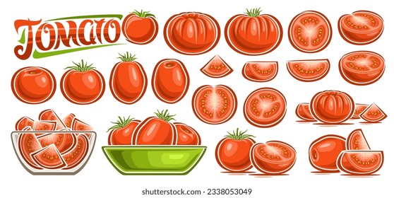 Vector Red Tomato Set, collection of cut out cartoon design vegetarian still life compositions with green leaves, raw juicy oval tomatoes in glass dish, set of various healthy veggies and text tomato