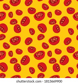 Vector red tomatoes seamless pattern mustard background. Perfect for textile design, fashion prints, paper backgrounds.