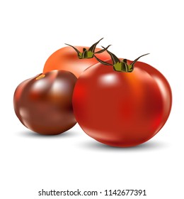 vector red tomatoes with tails. Tthree pieces. Isolated on white background