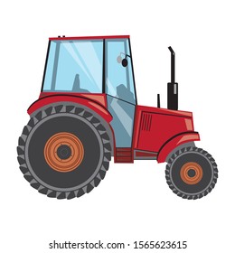 Vector red tractor isolated on a white background for design. Flat 2D agricultural transport with wheels and glass for the farm
