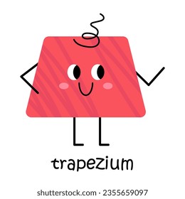 Vector red trapezium character. Cute geometric figure with face, blush. Cute funny smiling shape character for kids and children. Trapezoid poster for school and kindergarten. Kawaii baby trapezium.