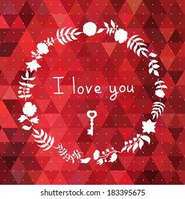 Vector red triangle background with hand drawn flower wreath. 