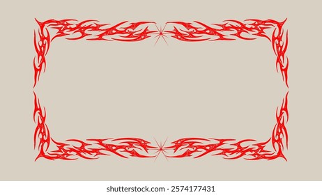 Vector red tribal frame with symmetrical flame design, perfect for tattoos, logo elements, borders, and edgy graphic projects. Editable and scalable