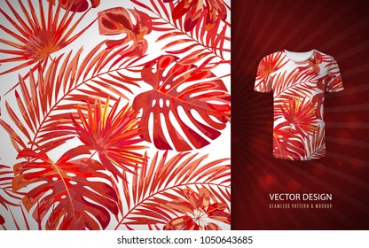 Vector red Tropical palm leaves seamless pattern. Floral exotic Hawaiian background. Blooming elements. Hand drawn jungle plants. Ideal for fabric, wallpaper, textile, bedding,t-shirt print.