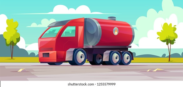 Vector red truck delivers flammable oil in tank. Background with vehicle, green trees and sky with clouds. Transport with cistern of liquid gasoline, fuel on the road. Industrial lorry with petroleum.