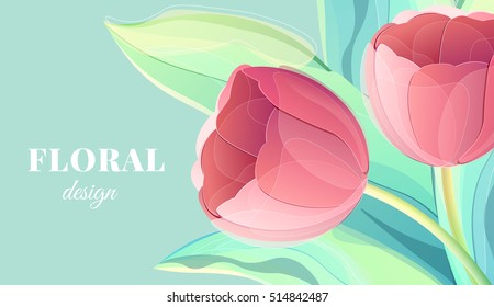 Vector red tulip flower on isolated on blue soft color background greeting card. Creative illustration for your banner, invitation or poster design