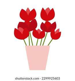 Vector red tulips bouquet in vase flat illustration