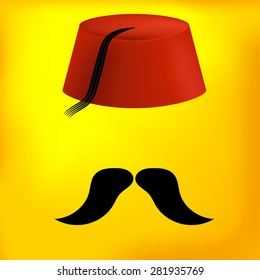 Vector Red Turkish Hat with Black Mustaches on Yellow Background