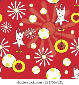 Vector Red Turmoil seamless pattern. Funny spotted dogs balancing on unicycles in a wild circus act with juggling clubs and bouncing balls. Part of Animal Circus collection by Tamara Rapp.