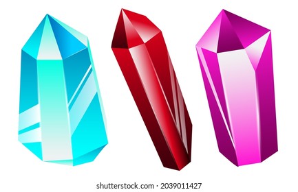 Vector red, turquoise, lilac crystals isolated on white background.