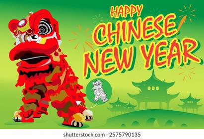 vector red typical people lion puppets of barongsai performing to celebrate Chinese New Year background of Chinese temple silhouette and green gradation sky fireworks coloring