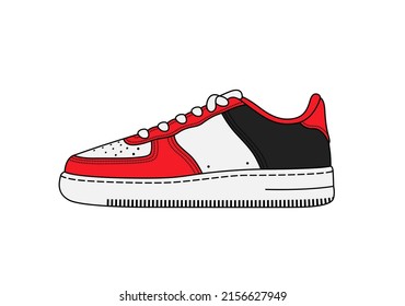 Vector Red Urban Sneakers Icon. Black Trainers Isolated White Background. Linear Sketch Unisex Shoes. Retro Style Footwear. Sport Wear Symbol. Casual Fashion. Vintage Basketball Wear. Classic Model