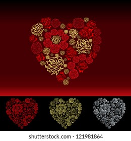 Vector red Valentine's Day Card with beautiful hearts of flowers roses