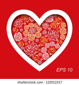Vector red Valentine's Day Card with white heart of the beautiful flowers roses