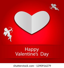 Vector red valentines day card with white cupids, origami heart and lettering