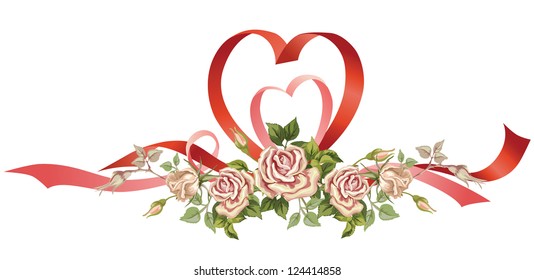 Vector red valentines ribbons and victorian roses