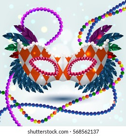 Vector red Venetian carnival mask with colorful feathers and beads