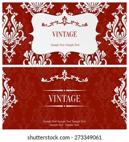 Vector Red Vintage Background with 3d Floral Damask Pattern Template for Greeting or Invitation Card Design in Paper Cut Style
