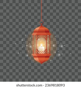 Vector red vintage luminous lanterns. arabic shining lamps. isolated hanging realistic lamps.